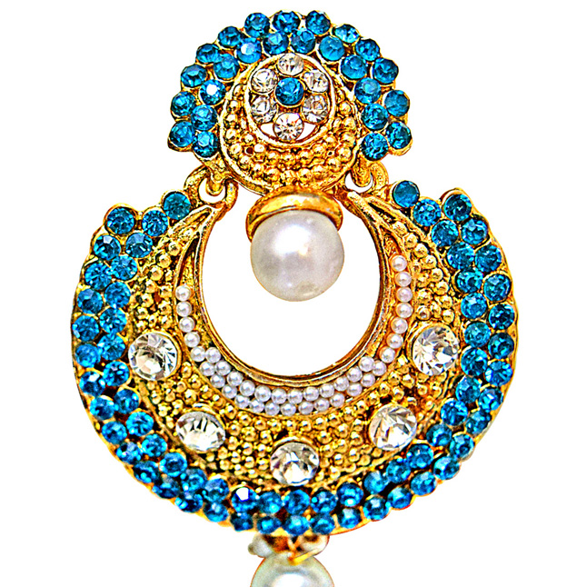 Traditional Round Shaped Blue & White Stone & Gold Plated Dangling Fashion Earrings for Women