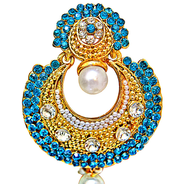 Traditional Round Shaped Blue & White Stone & Gold Plated Dangling Fashion Earrings for Women (PSE9)