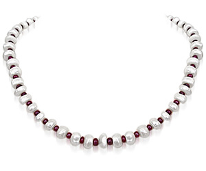 Pearl Fascination - Single Line Real Pearl & Ruby Necklace (SN173)