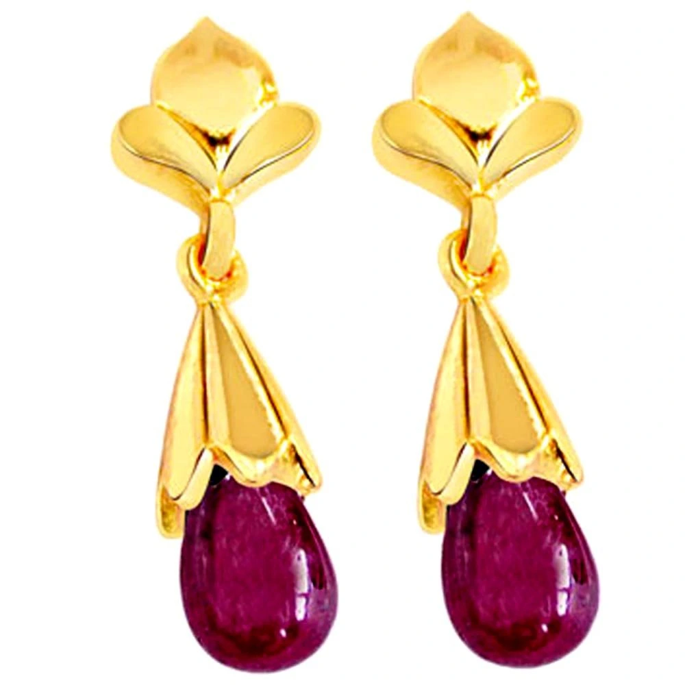 My Love Is True - Real Drop Ruby & Gold Plated Silver Hanging Earrings for Women (RBER3)