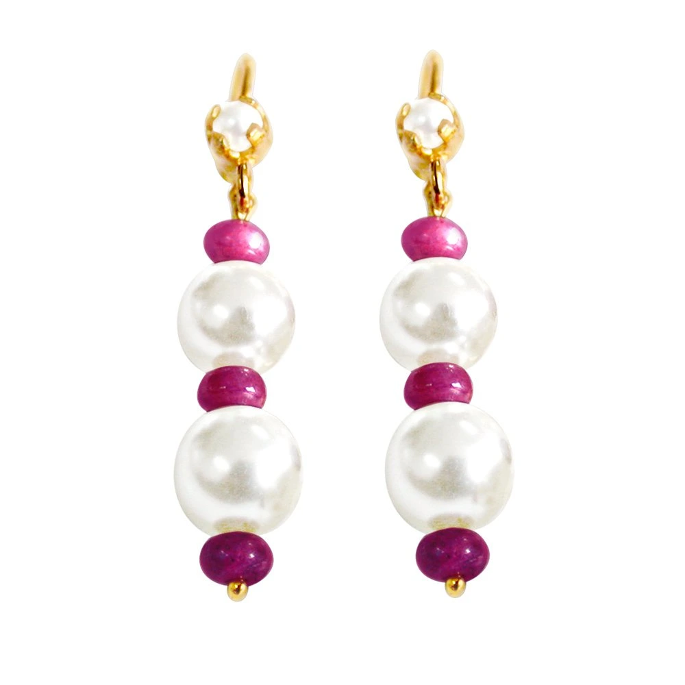Single Line Ruby freshwater Pearl Necklace with Matching Earrings -Ruby+Pearl