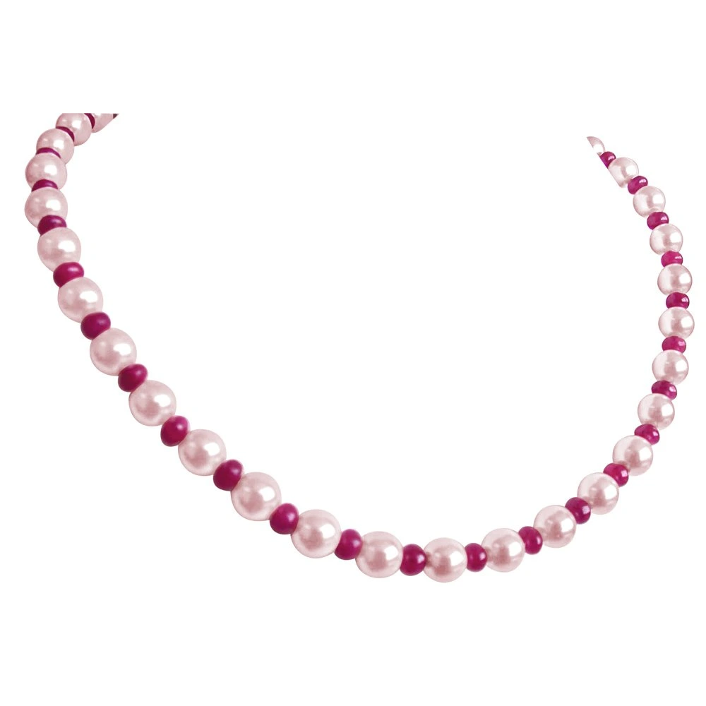 Single Line Ruby and freshwater Pearl Necklace with Matching Earring (RBN13+RBER4)