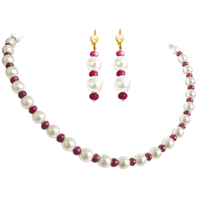 Single Line Ruby freshwater Pearl Necklace with Matching Earrings -Ruby+Pearl