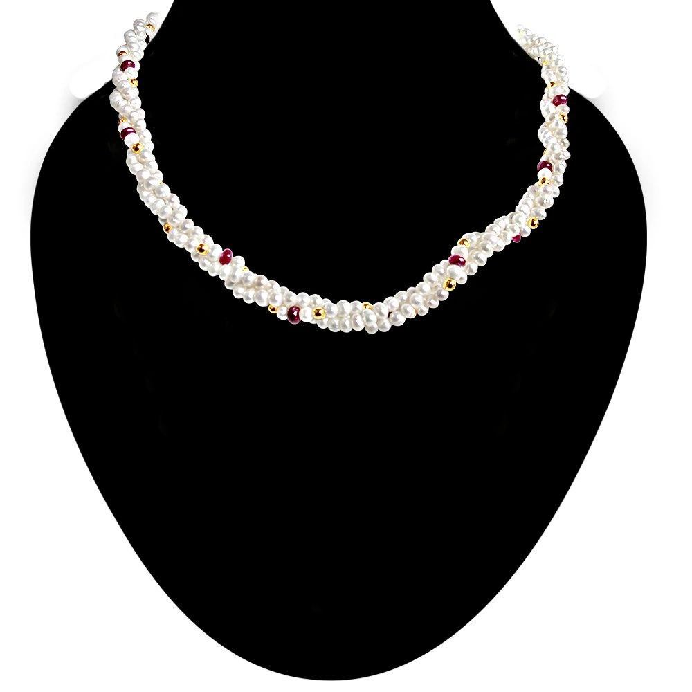 Ruby Love Pearls - Twisted 3 Line Real Ruby & Freshwater Pearl Necklace for Women (RBN16)