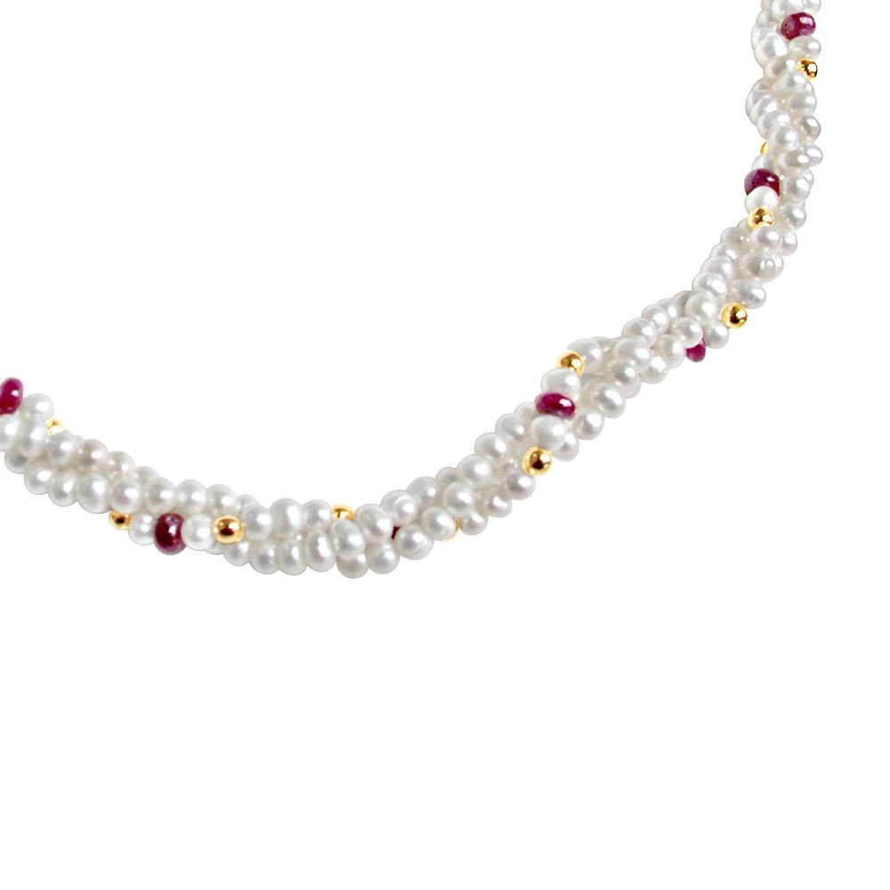 Ruby Love Pearls - Twisted 3 Line Real Ruby & Freshwater Pearl Necklace for Women (RBN16)