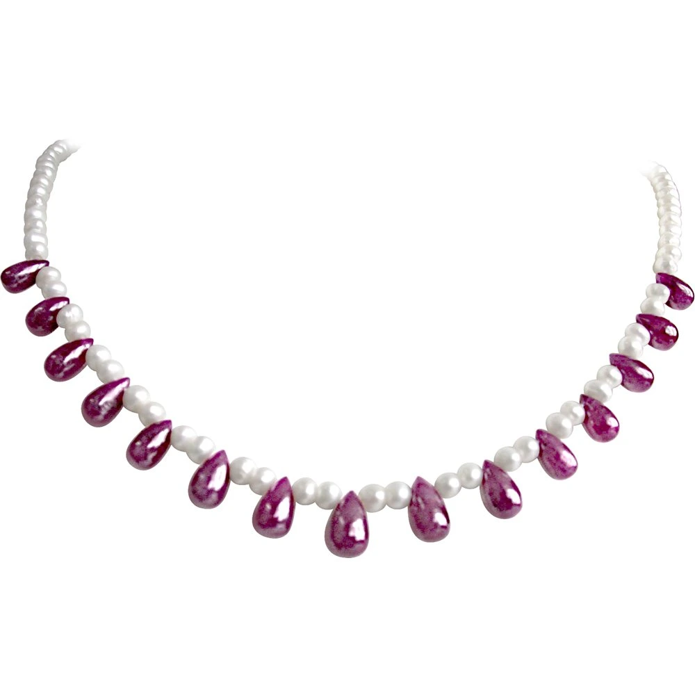 Real Drop Ruby & Freshwater Pearl Necklace for Women (RBN20)