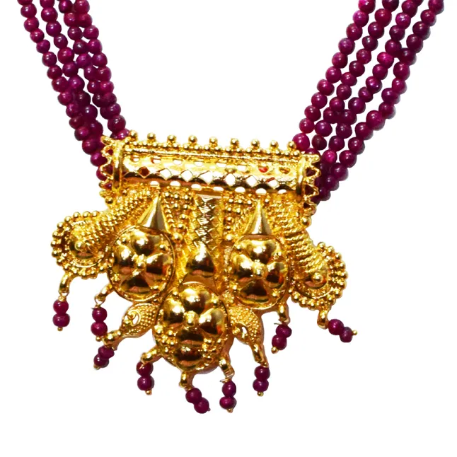 4 Line Real Red Ruby Beads & Gold Plated Pendant Necklace for Women (RBN21)
