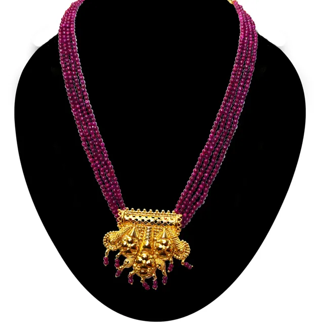 4 Line Real Red Ruby Beads & Gold Plated Pendant Necklace for Women (RBN21)