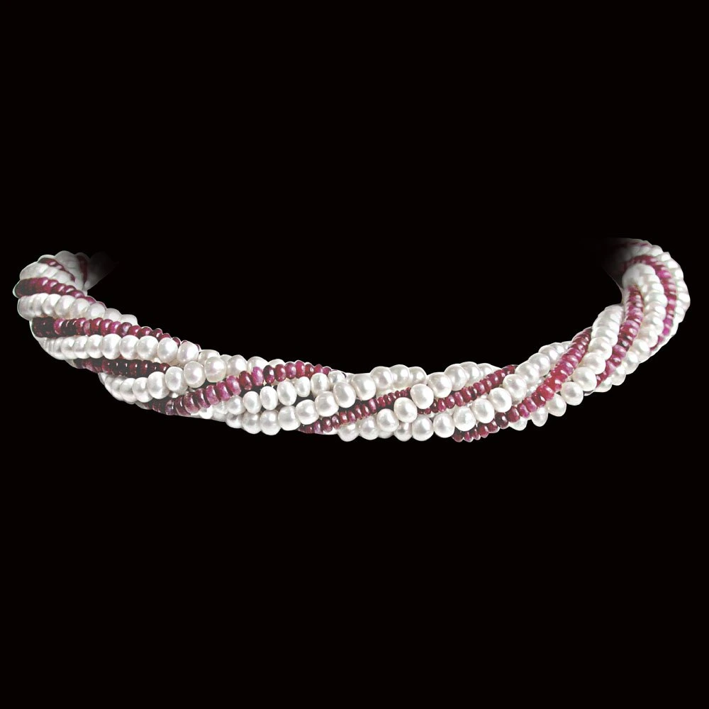 Ruby Choker Charm - Twisted Real Ruby & Freshwater Pearl Choker Necklace for Women (RBN2)