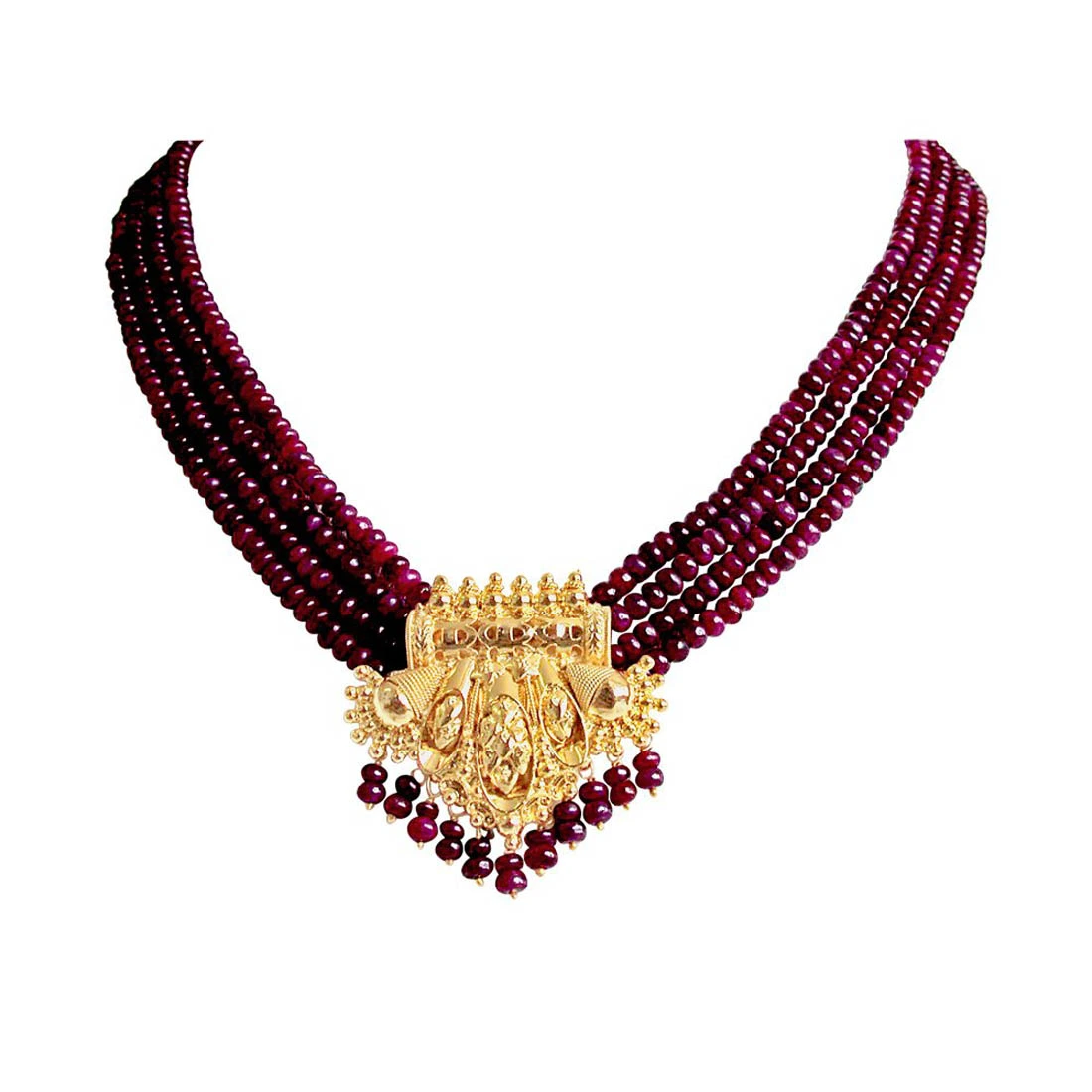 4 Line Real Red Ruby Beads & Gold Plated Pendant Necklace for Women (RBN4)