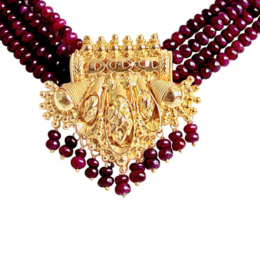 4 Line Real Red Ruby Beads & Gold Plated Pendant Necklace for Women (RBN4)