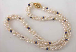 Rapturous - 3 Line Twisted Real Pearl & Blue Lapiz Necklace (SN8)