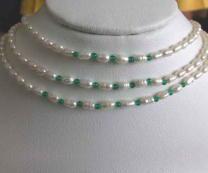 3 Line Real Pearl & Green Onyx Beads Necklace for Women (SN26)