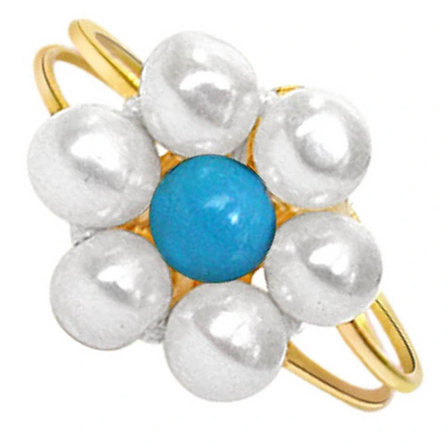 Flower Shape Real Freshwater Pearl & Turquoise Bead Adjustable Ring for Women (Ring-4)