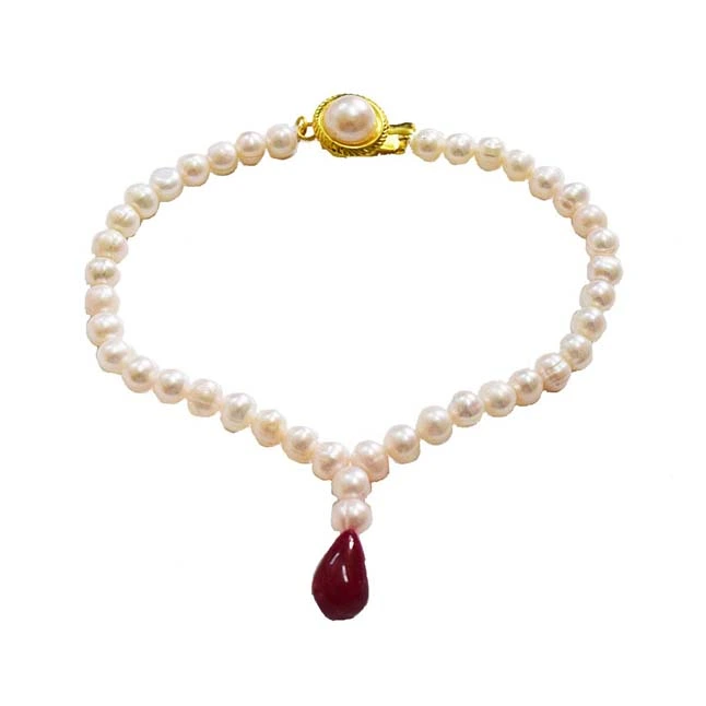 Real Red Drop Ruby & Freshwater Pearl Bracelet for Women (SB61)