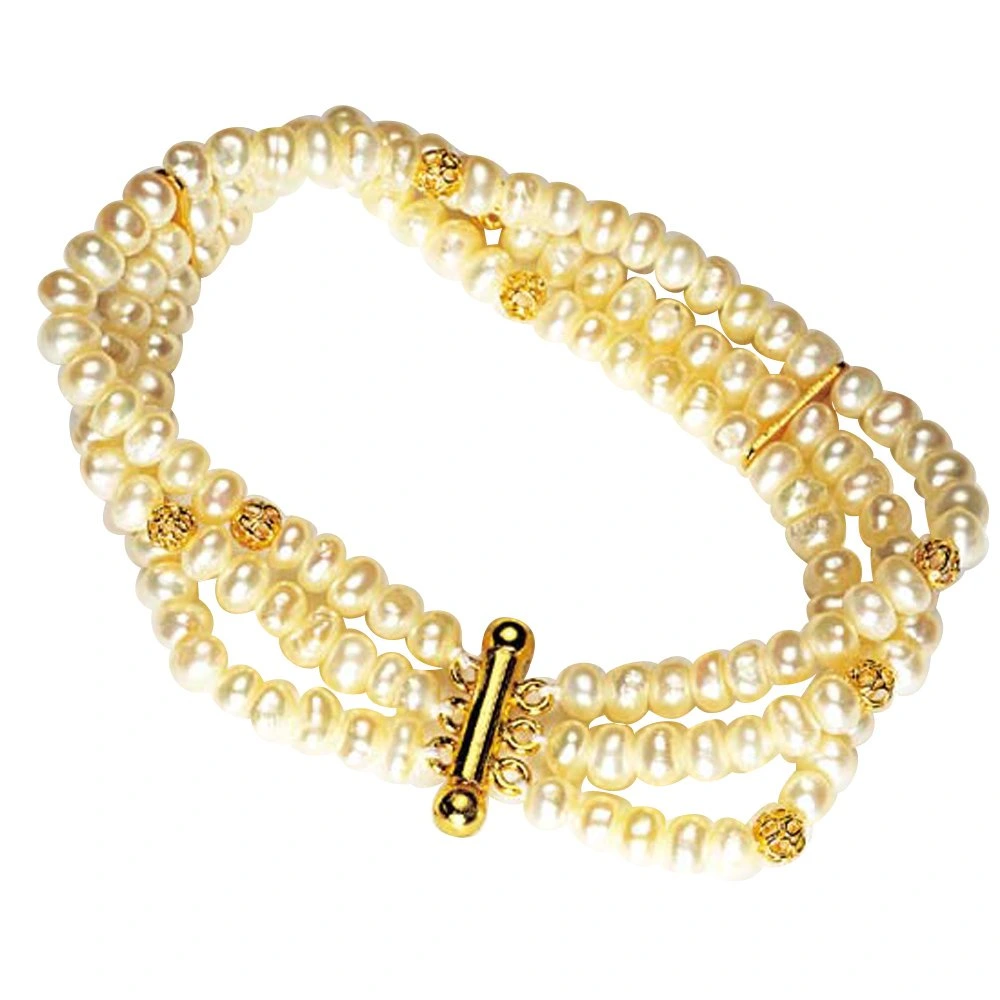 Love forever - 3 Line Real Freshwater Pearl & Gold Plated Beads Bracelet for Women (SB1)