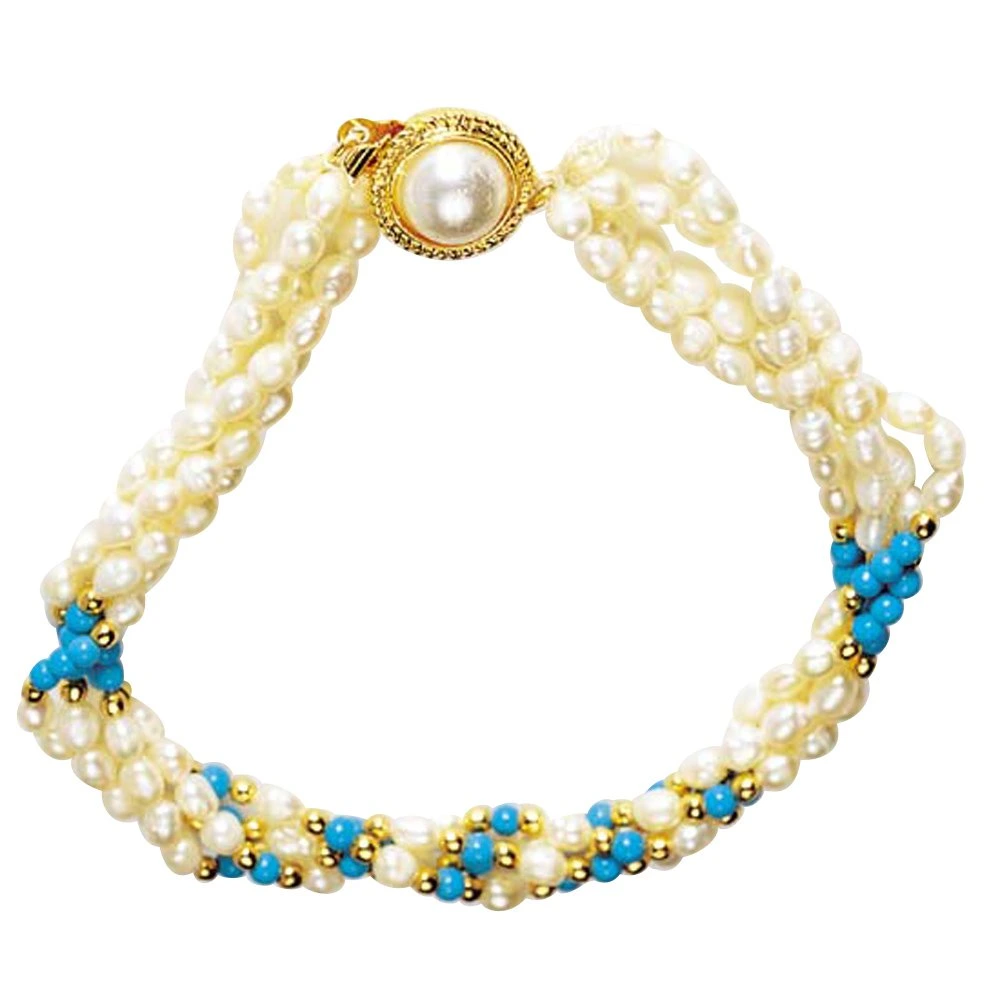 Brilliant - 3 Line Twisted Real Rice Pearl & Turquoise Beads Bracelet for Women (SB15)