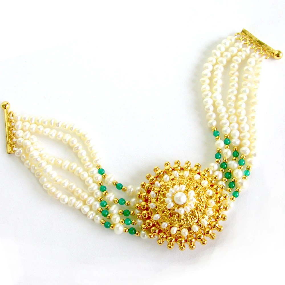 Angelic Beauty -  5 Line Freshwater Pearl, Green Onyx & Gold Plated Pendant Bracelet for Women (SB18)