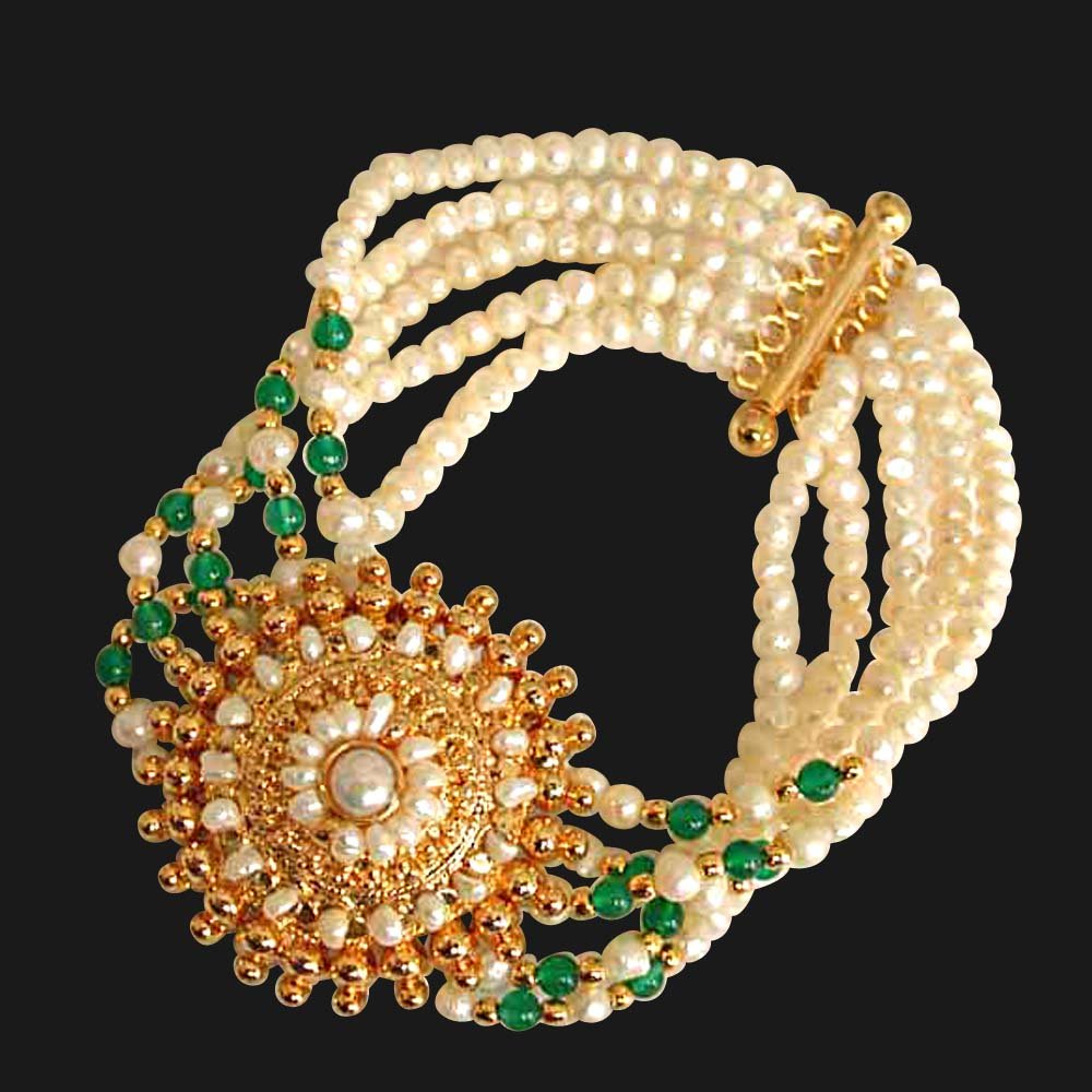 Angelic Beauty -  5 Line Freshwater Pearl, Green Onyx & Gold Plated Pendant Bracelet for Women (SB18)
