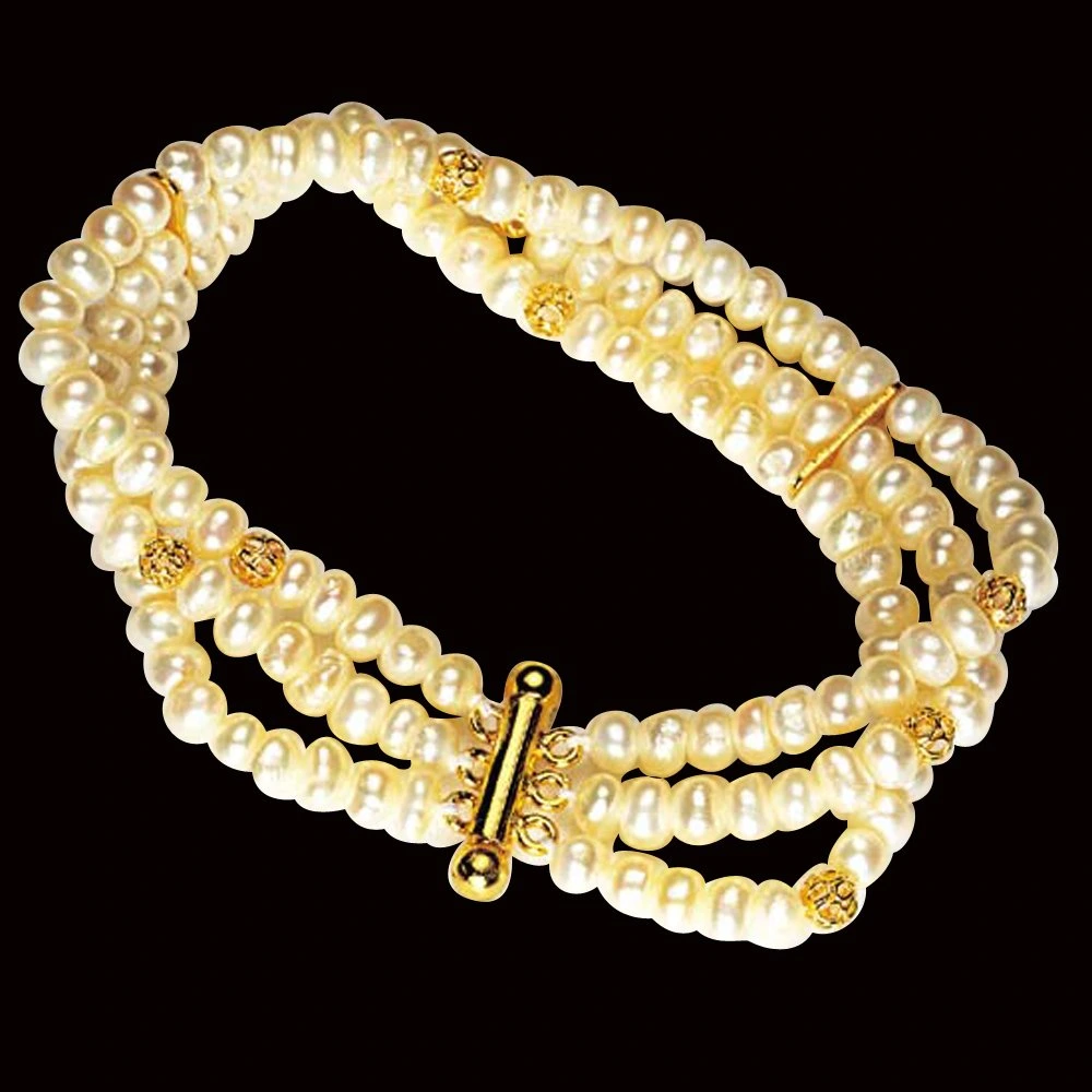 Love forever - 3 Line Real Freshwater Pearl & Gold Plated Beads Bracelet for Women (SB1)