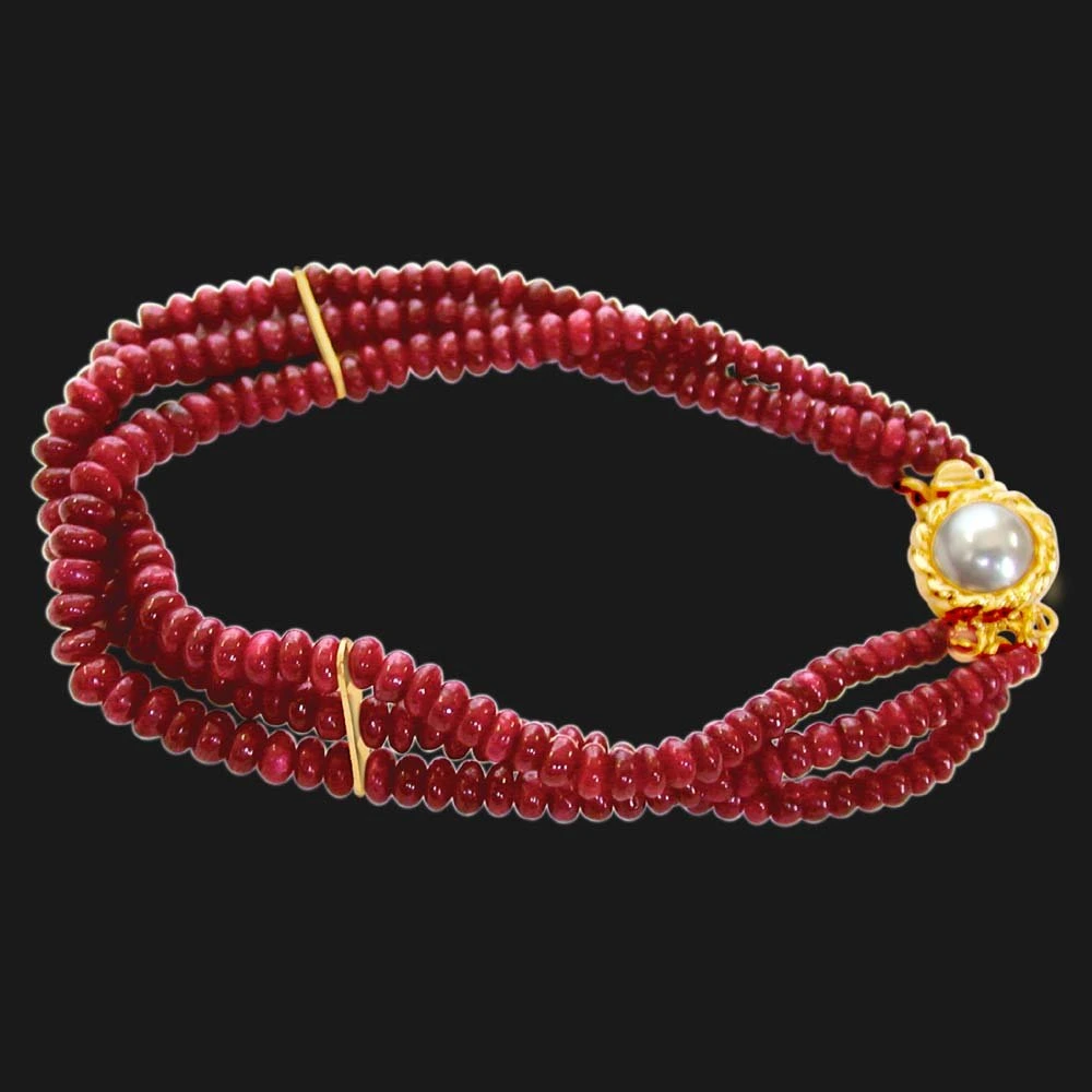 Ruby Drool - 3 Line Real Red Ruby Beads Bracelet for Women (SB25)