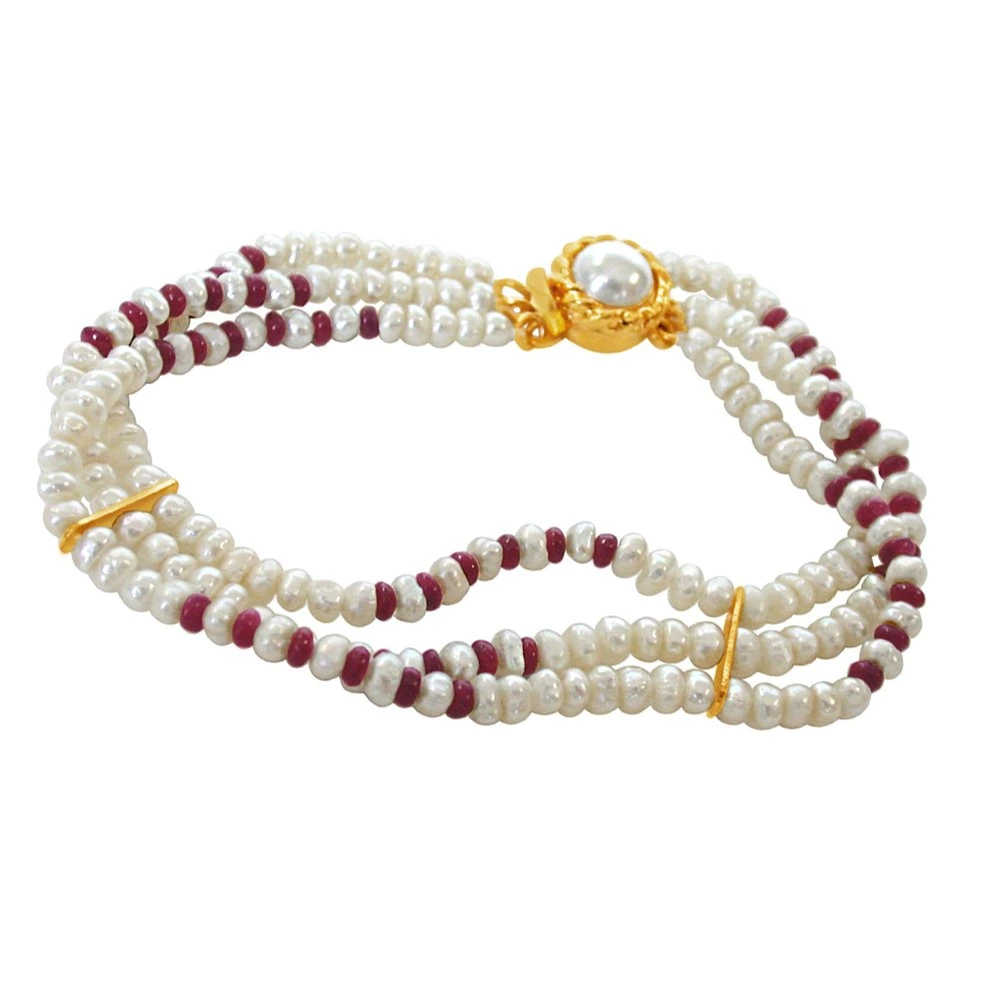 Pearl Ruby Creation - 3 Line Real Ruby Beads & Freshwater Pearl Bracelet for Women (SB26)