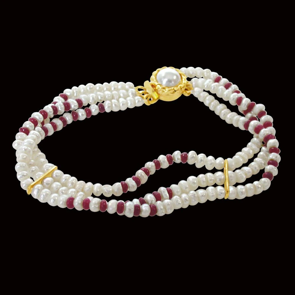 Pearl Ruby Creation - 3 Line Real Ruby Beads & Freshwater Pearl Bracelet for Women (SB26)