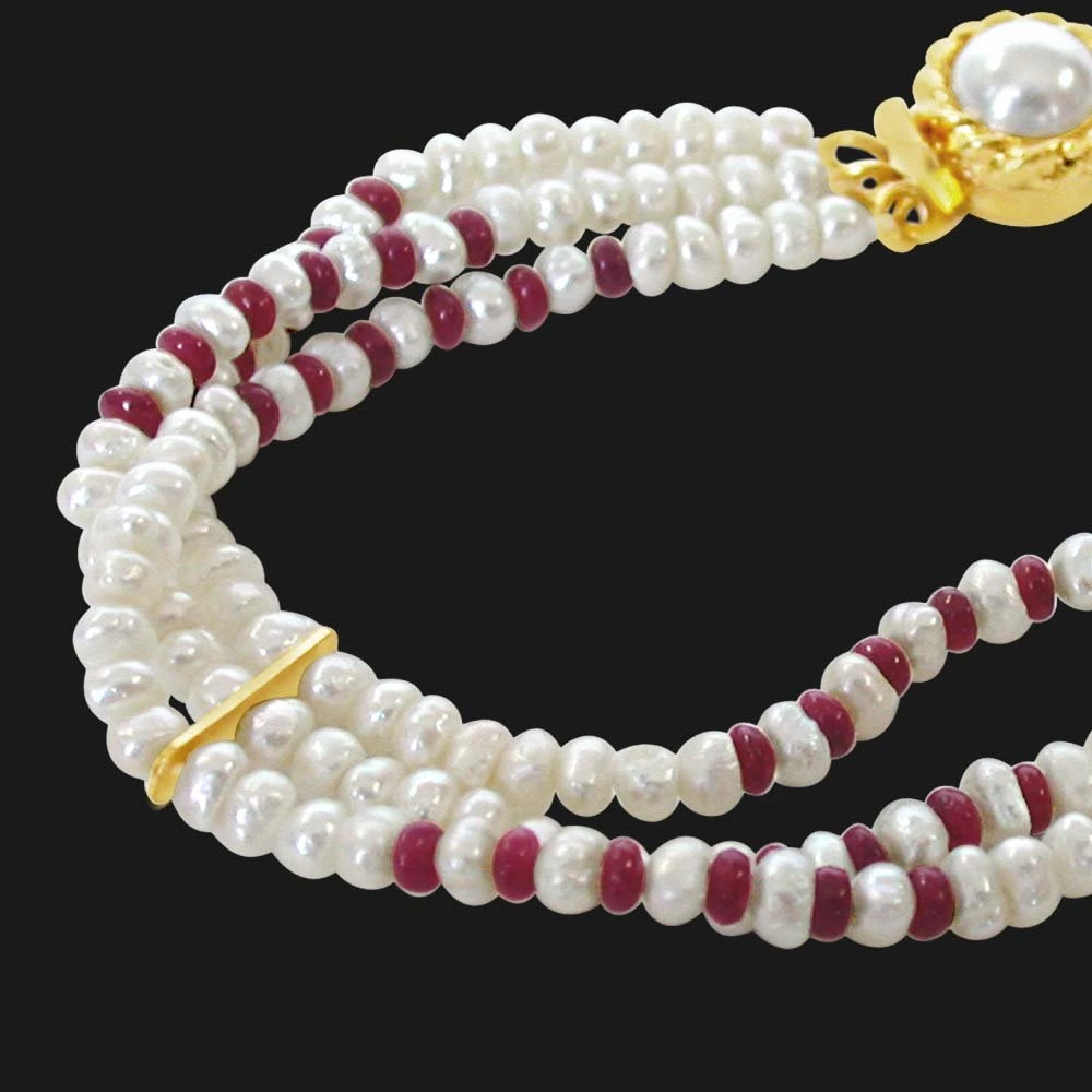 Pearl Ruby Creation - 3 Line Real Ruby Beads & Freshwater Pearl Bracelet for Women (SB26)