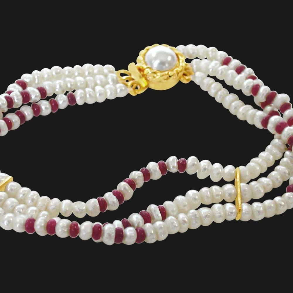 Pearl Ruby Creation - 3 Line Real Ruby Beads & Freshwater Pearl Bracelet for Women (SB26)