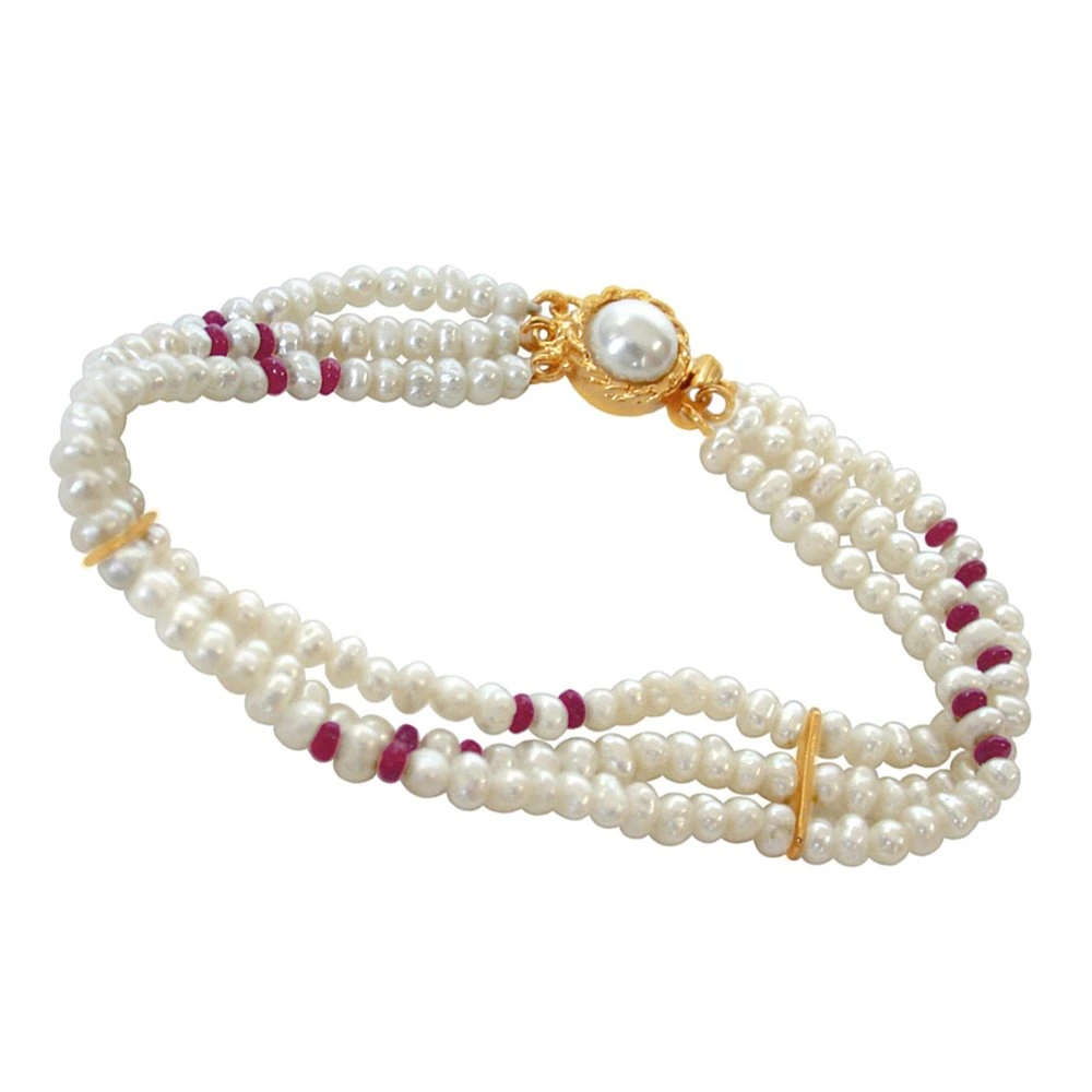 3 Line Real Red Ruby Beads & Freshwater Pearl Bracelet for Women (SB27)