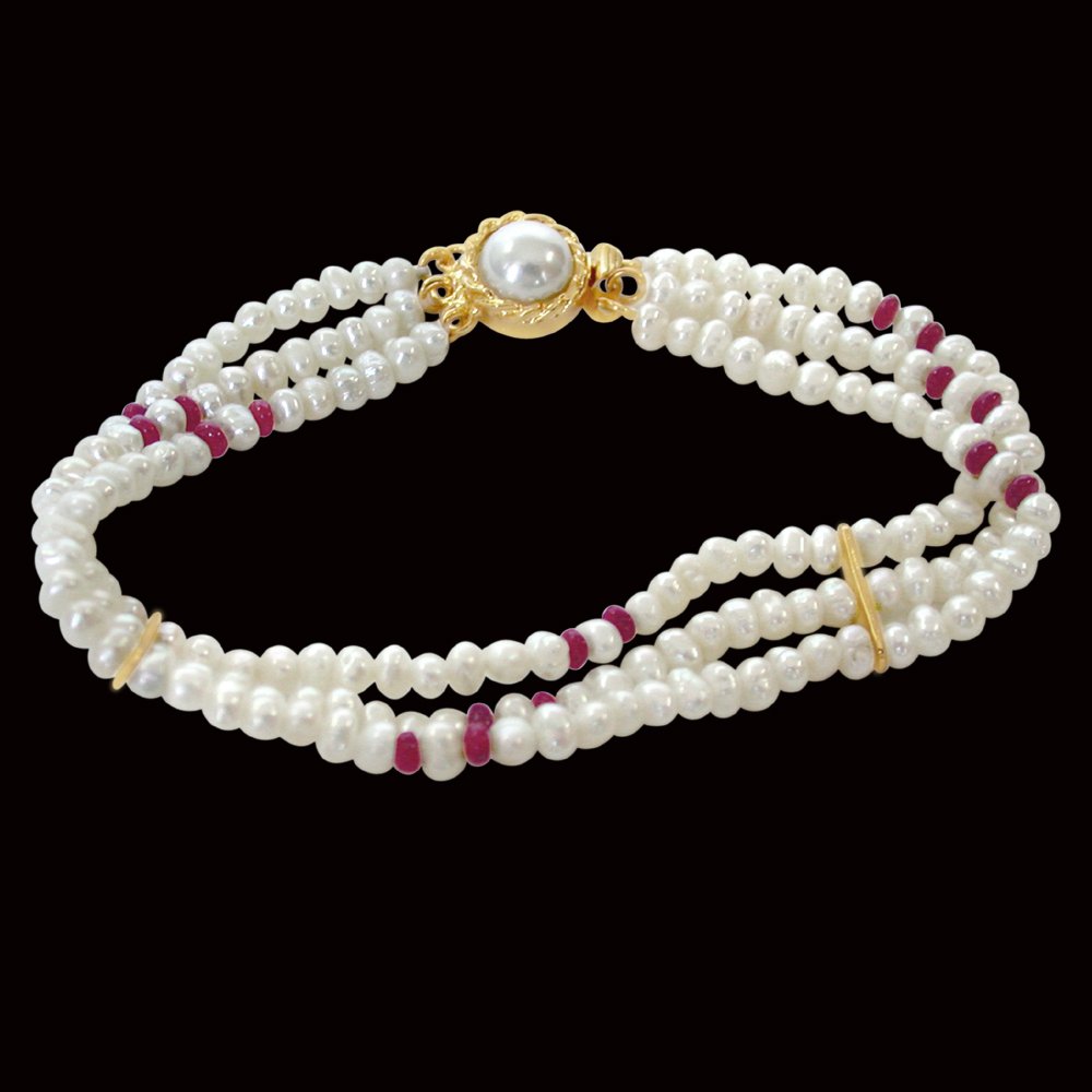3 Line Real Red Ruby Beads & Freshwater Pearl Bracelet for Women (SB27)