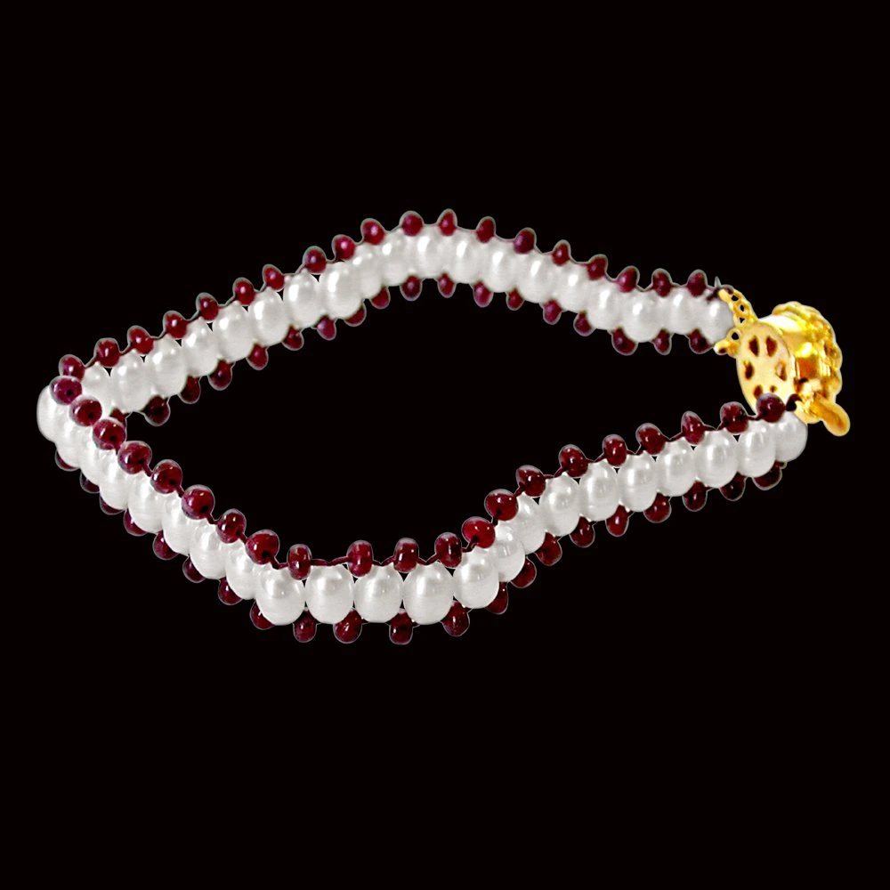 Ruby Charm n Pearl Magic - Real Ruby & Rice Pearl Bracelet for Women (SB28)