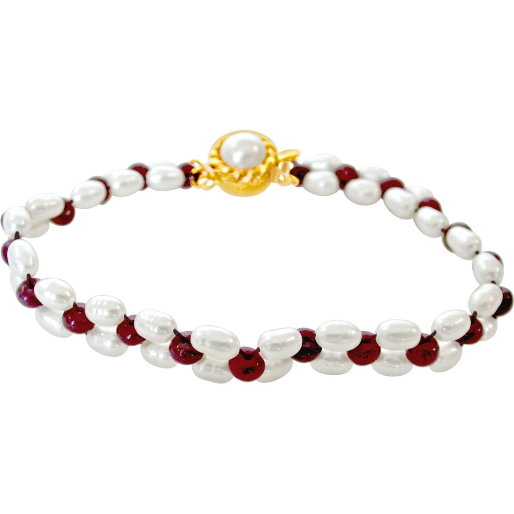 Irresistible Pearls n Adorning Rubies - Real Red Ruby & Rice Pearl Bracelet for Women (SB29)