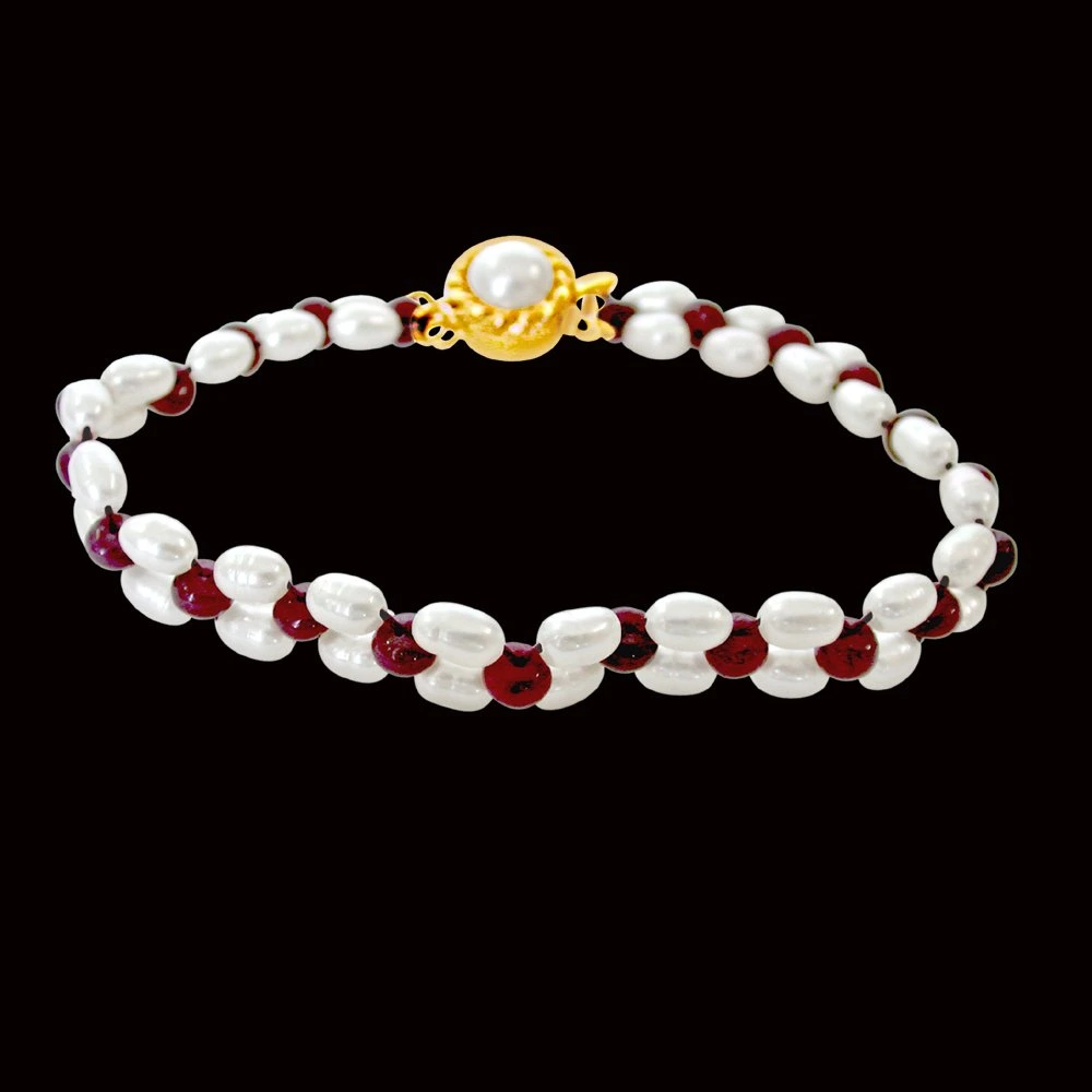 Irresistible Pearls n Adorning Rubies - Real Red Ruby & Rice Pearl Bracelet for Women (SB29)