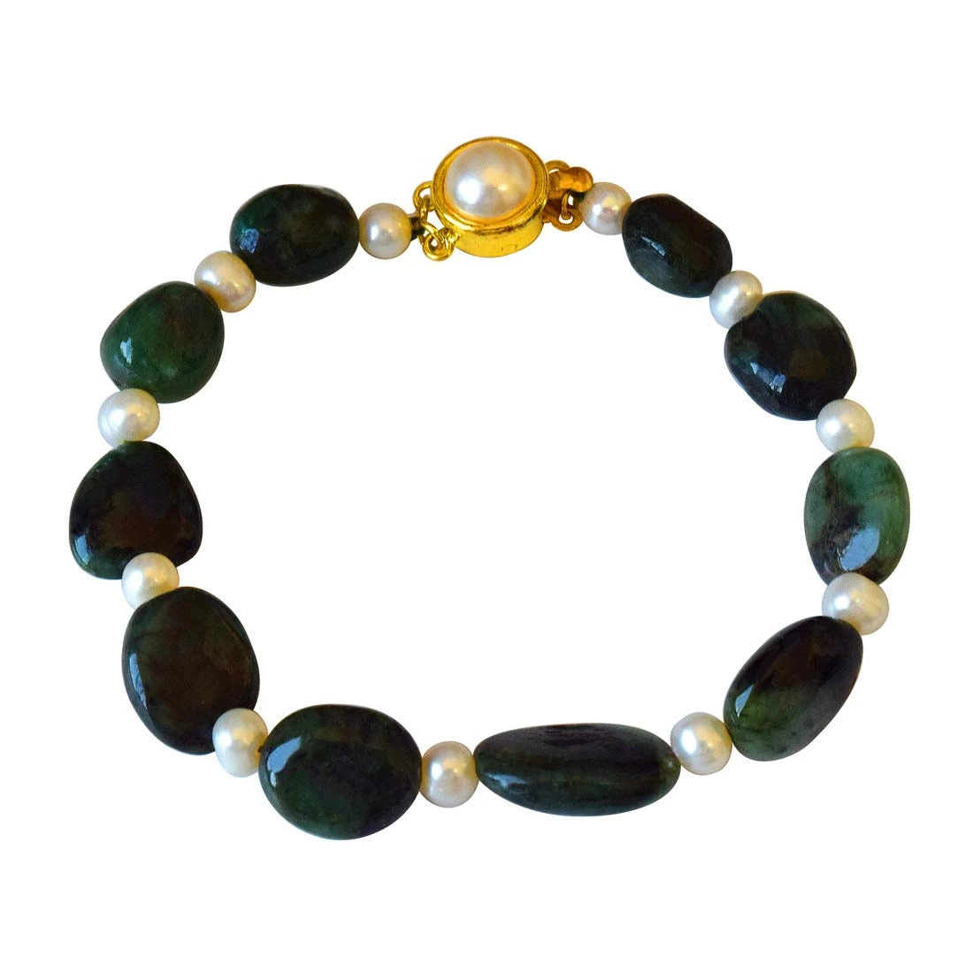 Single Line Real Green Oval Emerald & Real Pearl Bracelet (SB51)