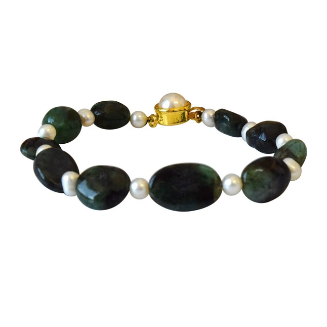 Single Line Real Green Oval Emerald & Real Pearl Bracelet (SB51)