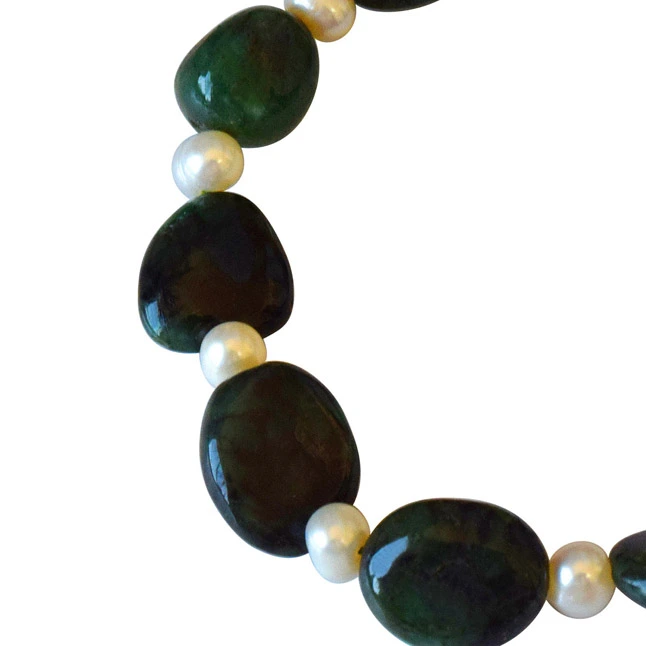 Single Line Real Green Oval Emerald & Real Pearl Bracelet (SB51)