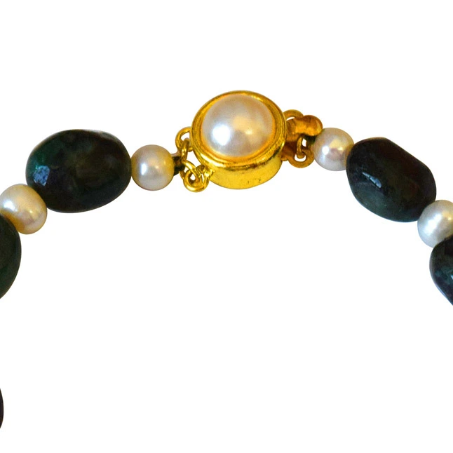 Single Line Real Green Oval Emerald & Real Pearl Bracelet (SB51)