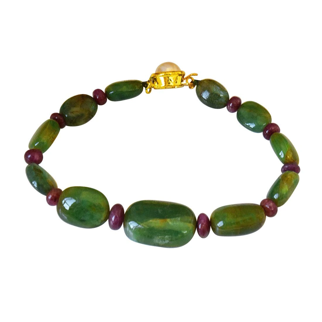 Real Green Oval Emerald & Red Ruby Beads Bracelet for Women (SB53)