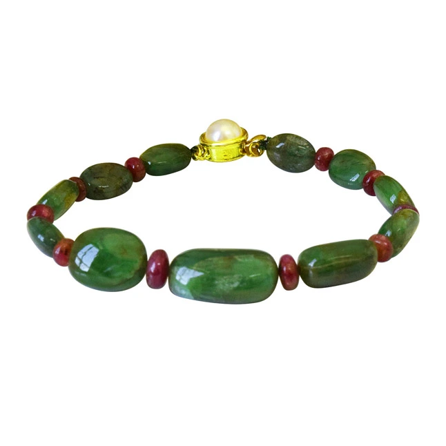 Real Green Oval Emerald & Red Ruby Beads Bracelet for Women (SB53)