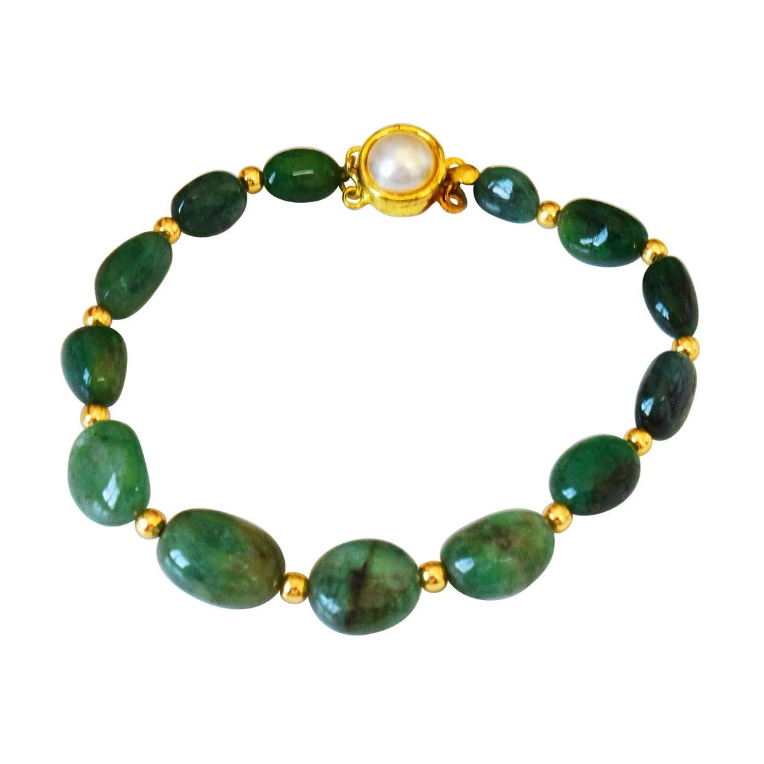 Single Line Real Green Oval Emerald & Gold Plated Beads Bracelet for Women (SB54)