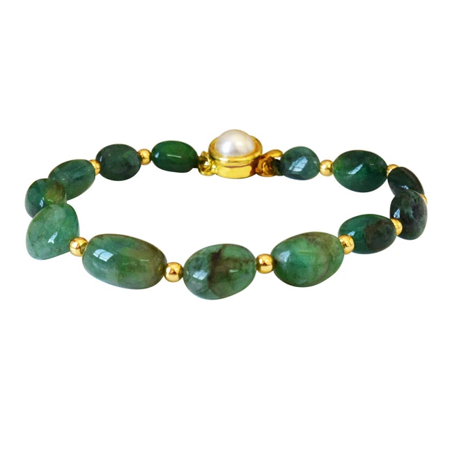 Single Line Real Green Oval Emerald & Gold Plated Beads Bracelet for Women (SB54)