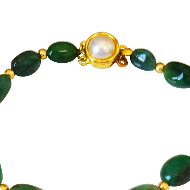 Single Line Real Green Oval Emerald & Gold Plated Beads Bracelet for Women (SB54)