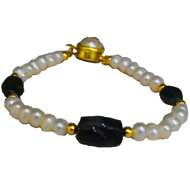 Single Line Real Green Oval Emerald, Freshwater Pearl & Gold Plated Bracelet for Women (SB55)