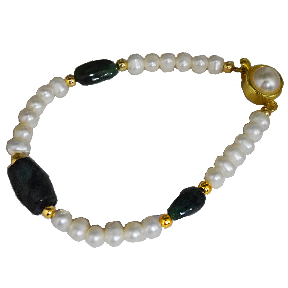 Single Line Real Green Oval Emerald, Freshwater Pearl & Gold Plated Bracelet for Women (SB55)