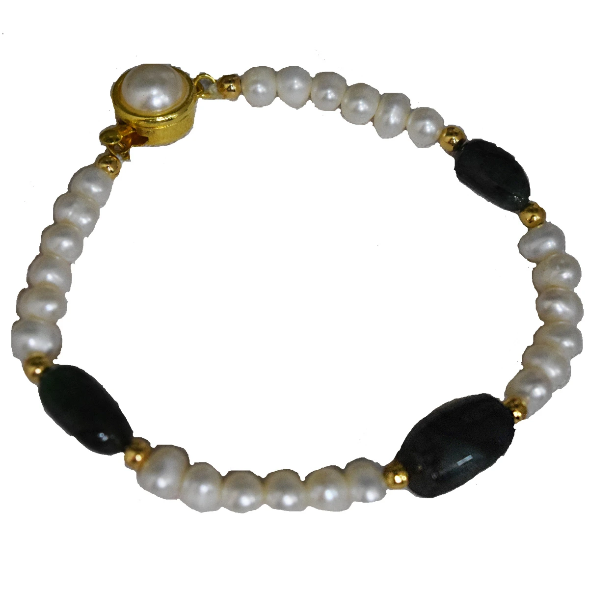 Single Line Real Green Oval Emerald, Freshwater Pearl & Gold Plated Bracelet for Women (SB55)