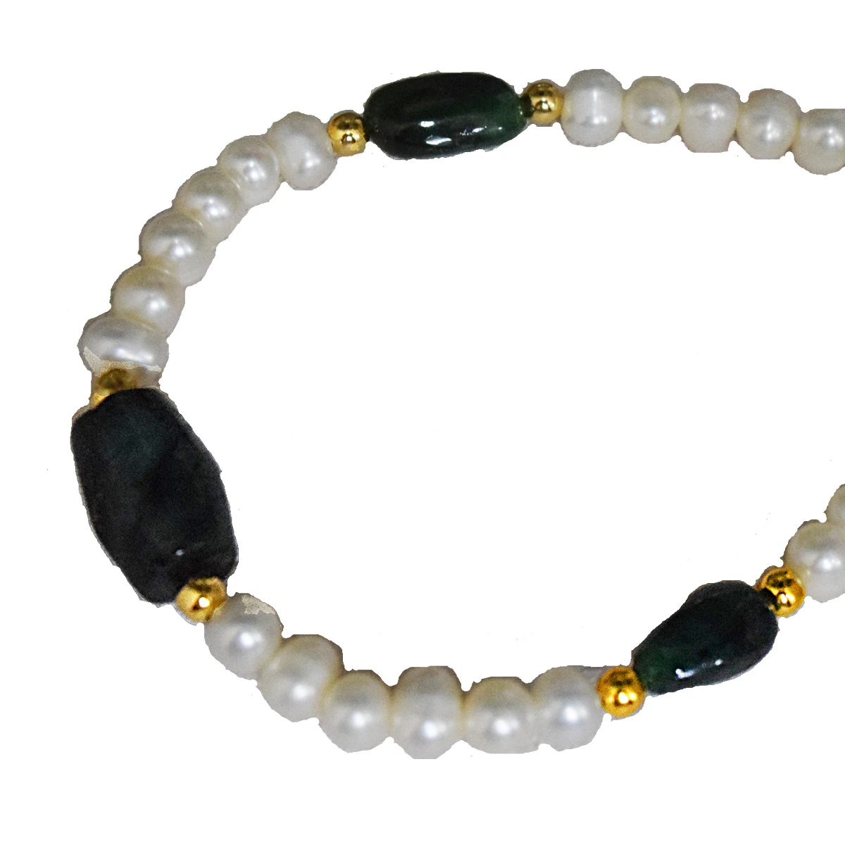 Single Line Real Green Oval Emerald, Freshwater Pearl & Gold Plated Bracelet for Women (SB55)