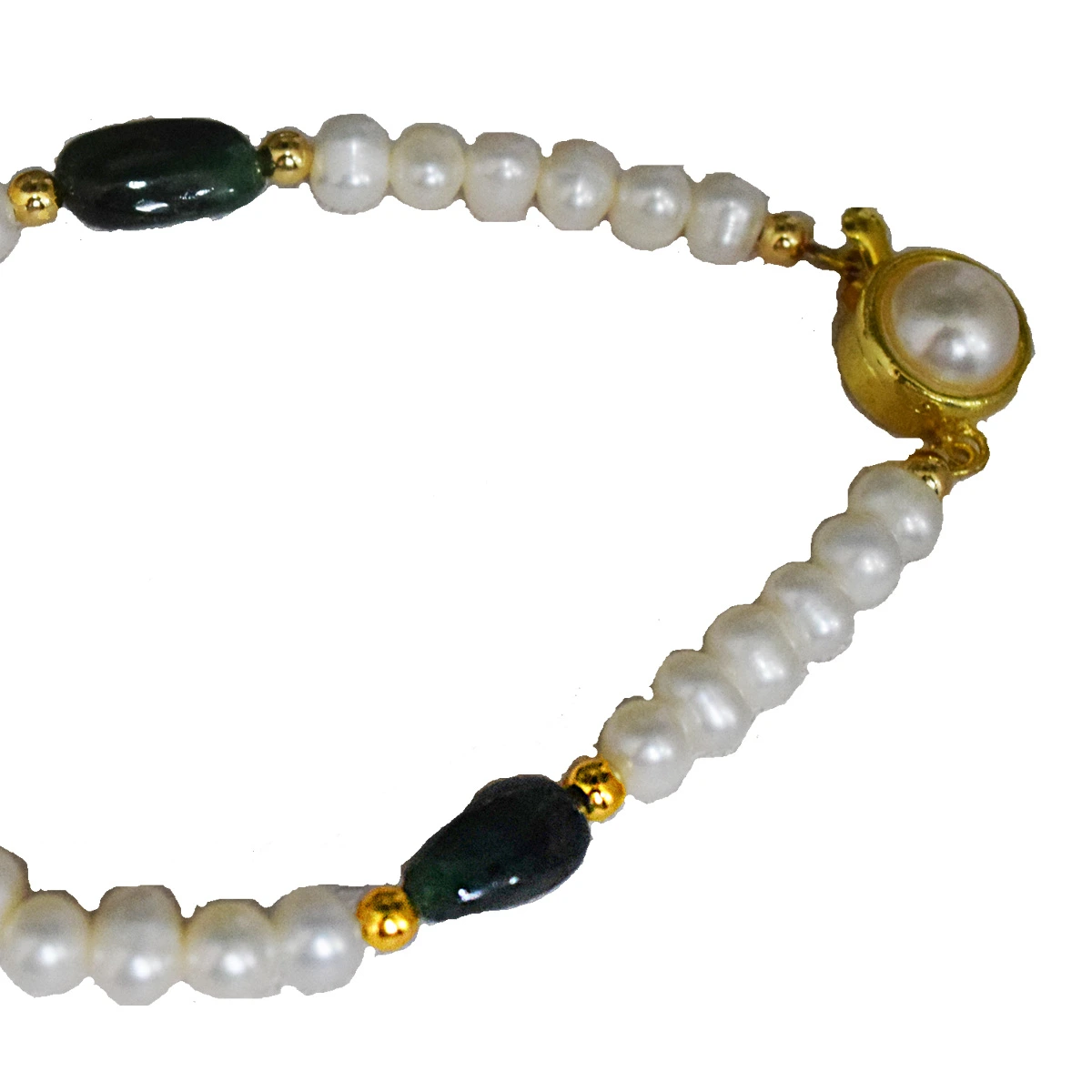 Single Line Real Green Oval Emerald, Freshwater Pearl & Gold Plated Bracelet for Women (SB55)