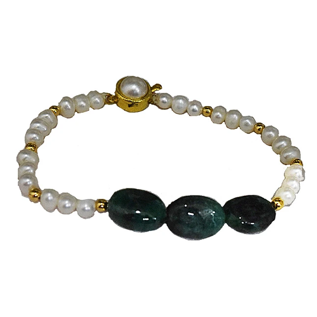 3 Big Real Green Oval Emerald, Freshwater Pearl & Gold Plated Bracelet for Women (SB56)