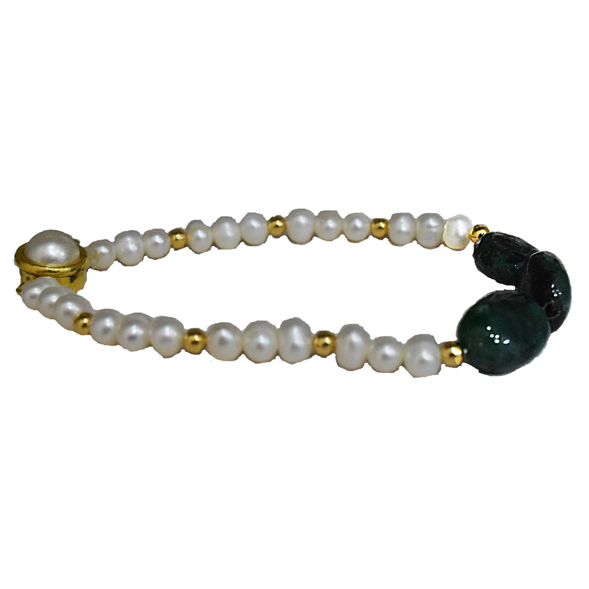 3 Big Real Green Oval Emerald, Freshwater Pearl & Gold Plated Bracelet for Women (SB56)
